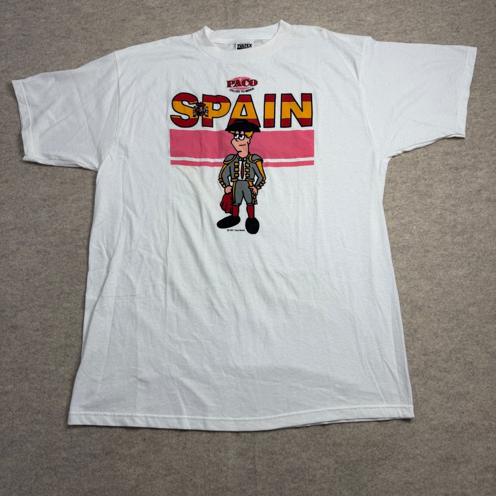 Vintage 1997 Paco Spain Matador T-Shirt Tultex White Cotton Mens XL Souvenir Tee
